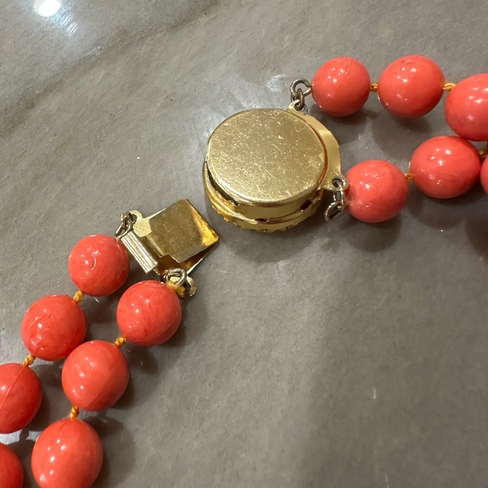 Vintage Mid Century Two Strand Faux Coral Lucite Bead Necklace with Ornate Clasp